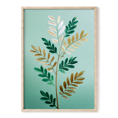 Gilded Garden Rhythm – green, gold, white nature wall art, front view