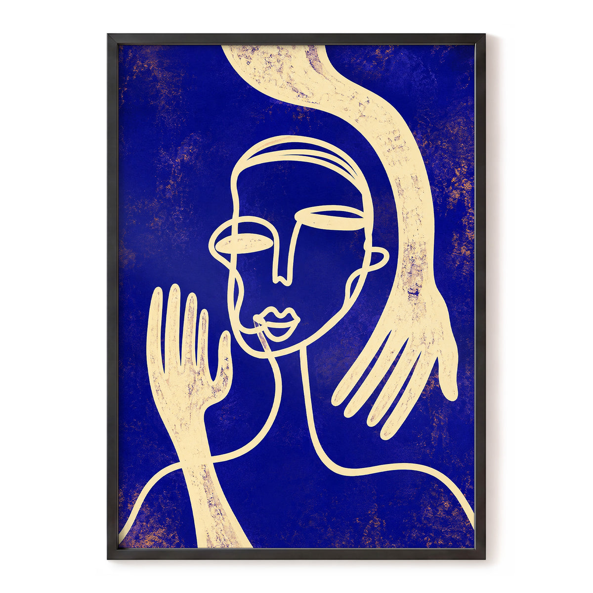 Gilded Gestures, blue, gold, beige abstract wall art, front artwork view