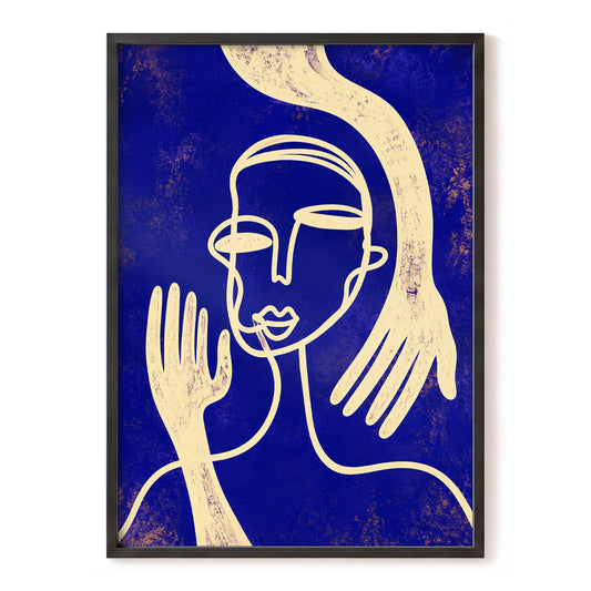 Gilded Gestures, blue, gold, beige abstract wall art, front artwork view