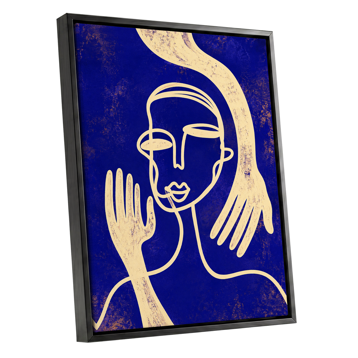 Gilded Gestures, blue, gold, beige abstract wall art shown as a black framed canvas wall art