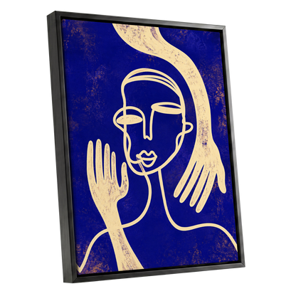 Gilded Gestures, blue, gold, beige abstract wall art shown as a black framed canvas wall art