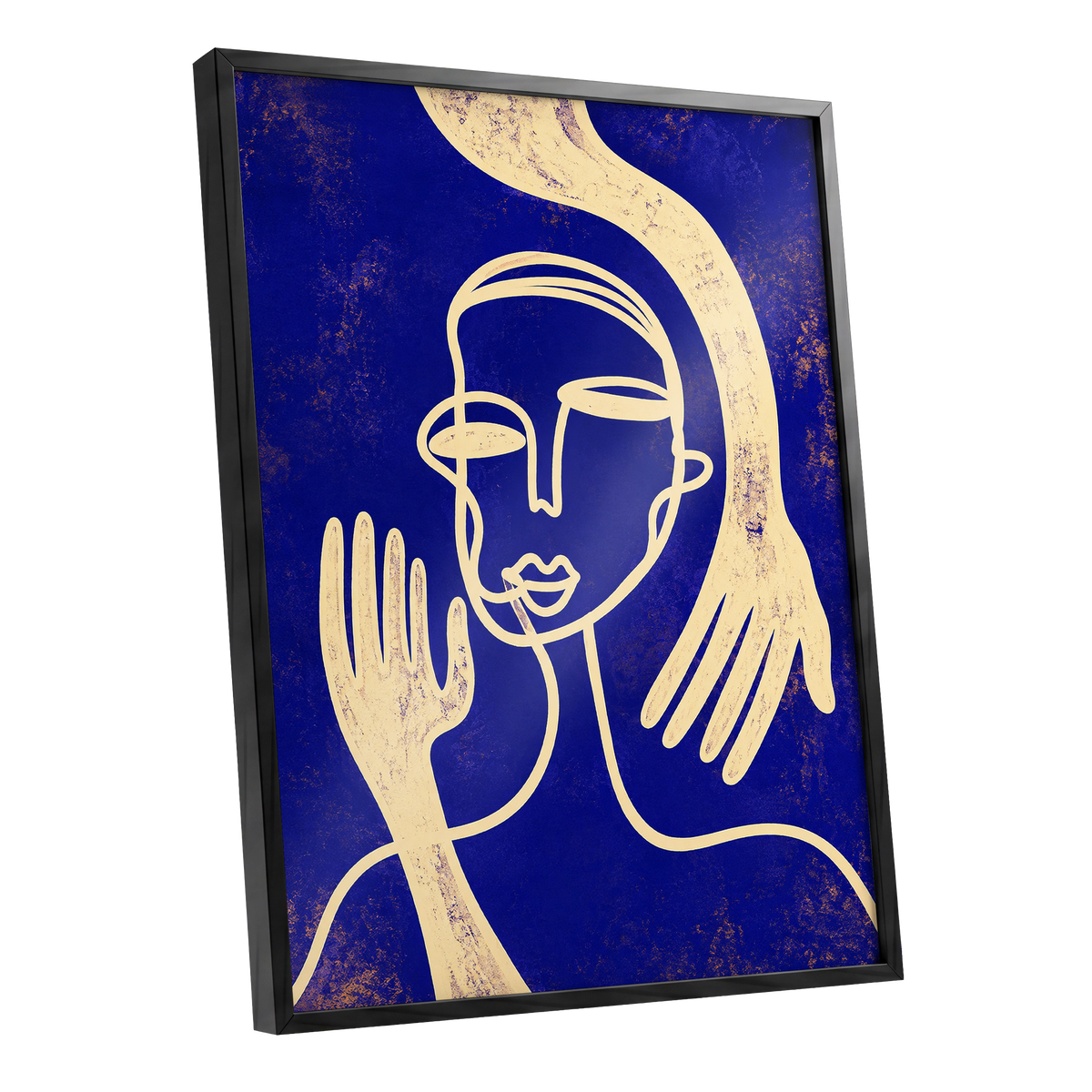 Gilded Gestures, blue, gold, beige abstract wall art shown as a black framed poster wall art print
