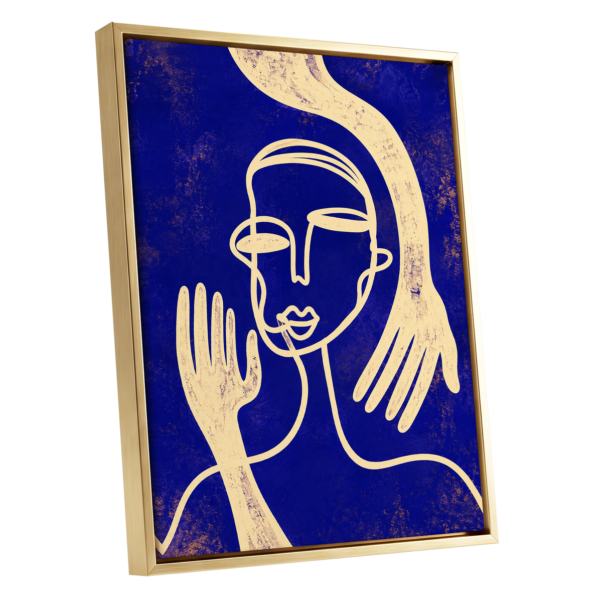 Gilded Gestures, blue, gold, beige abstract wall art shown as a gold framed canvas wall art