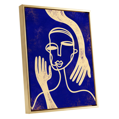 Gilded Gestures, blue, gold, beige abstract wall art shown as a gold framed canvas wall art