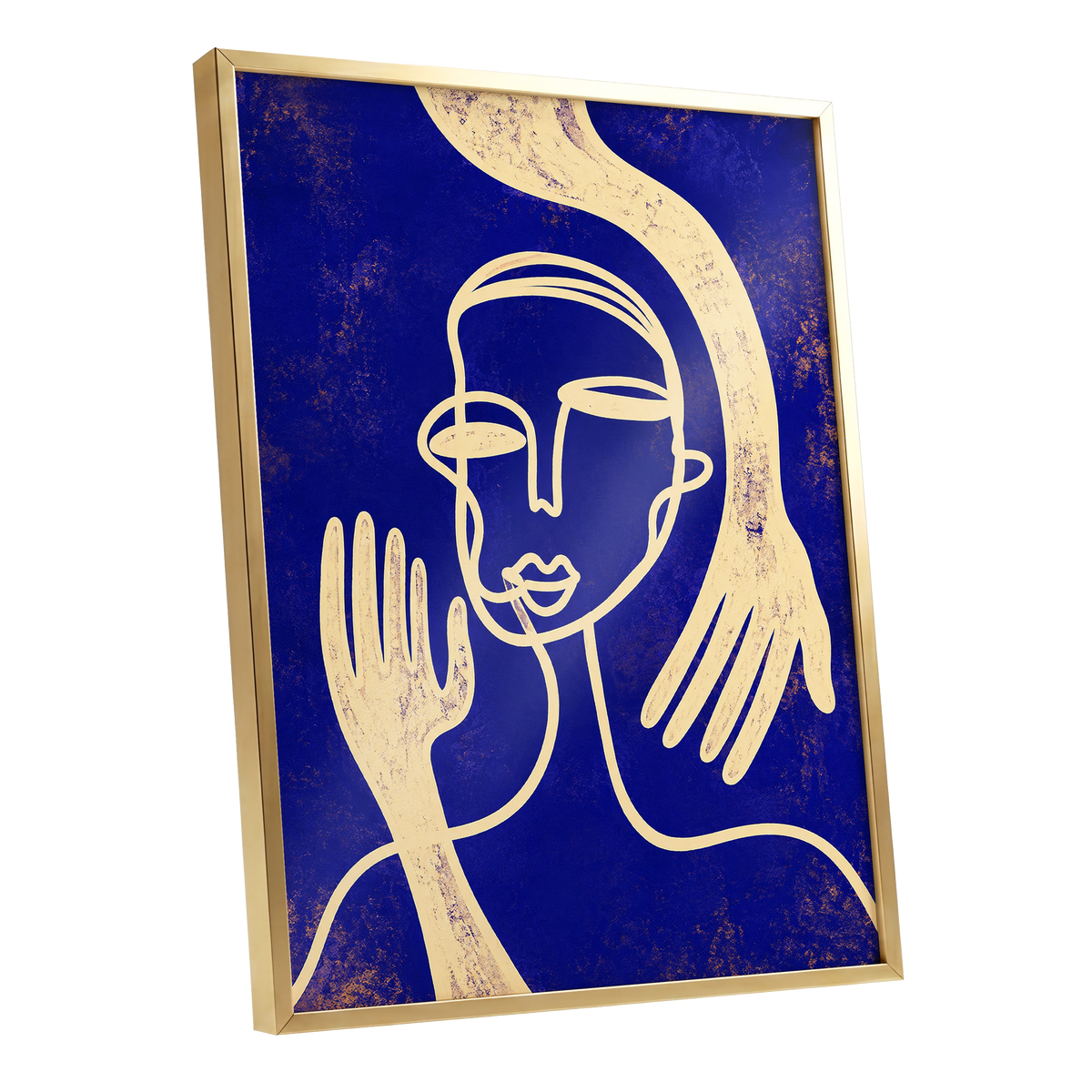 Gilded Gestures, blue, gold, beige abstract wall art shown as a gold framed poster wall art print