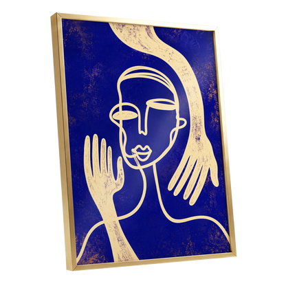 Gilded Gestures, blue, gold, beige abstract wall art shown as a gold framed poster wall art print