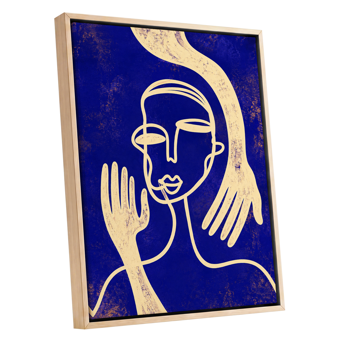Gilded Gestures, blue, gold, beige abstract wall art shown as a oak framed canvas wall art