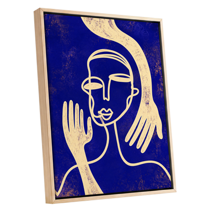 Gilded Gestures, blue, gold, beige abstract wall art shown as a oak framed canvas wall art