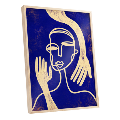 Gilded Gestures, blue, gold, beige abstract wall art shown as a oak framed poster wall art print