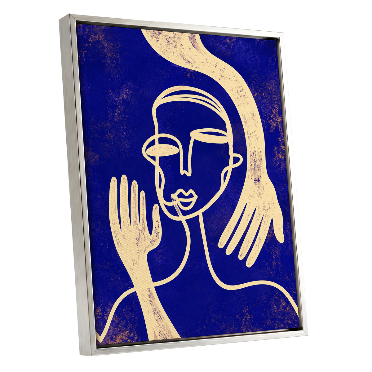 Gilded Gestures, blue, gold, beige abstract wall art shown as a silver framed canvas wall art