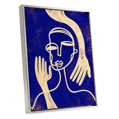 Gilded Gestures, blue, gold, beige abstract wall art shown as a silver framed canvas wall art