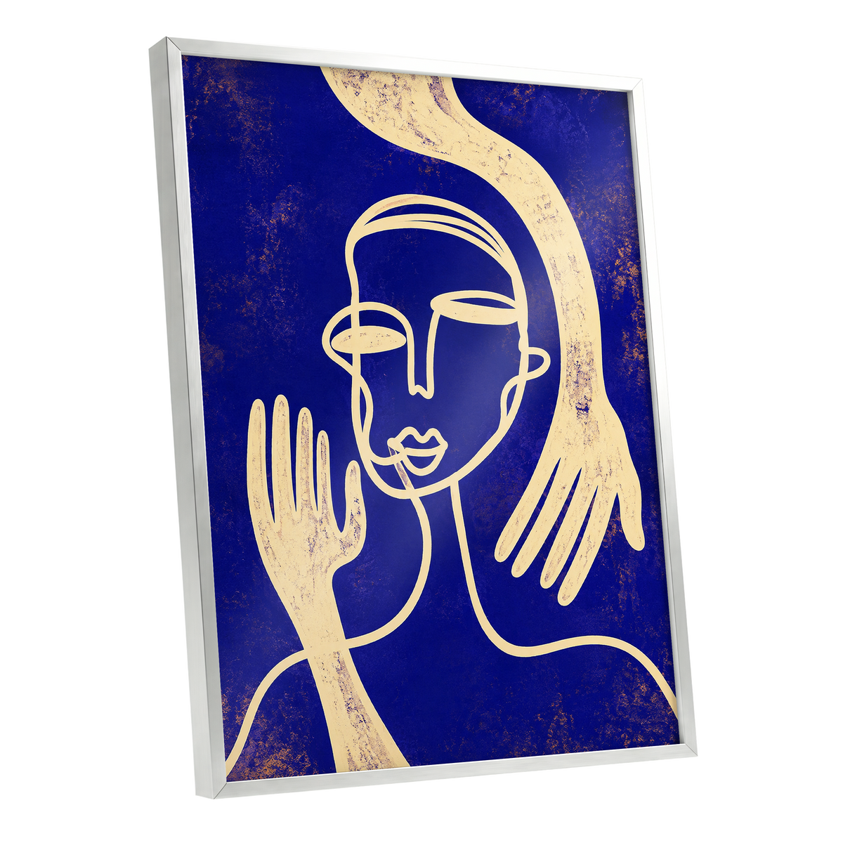 Gilded Gestures, blue, gold, beige abstract wall art shown as a silver framed poster wall art print