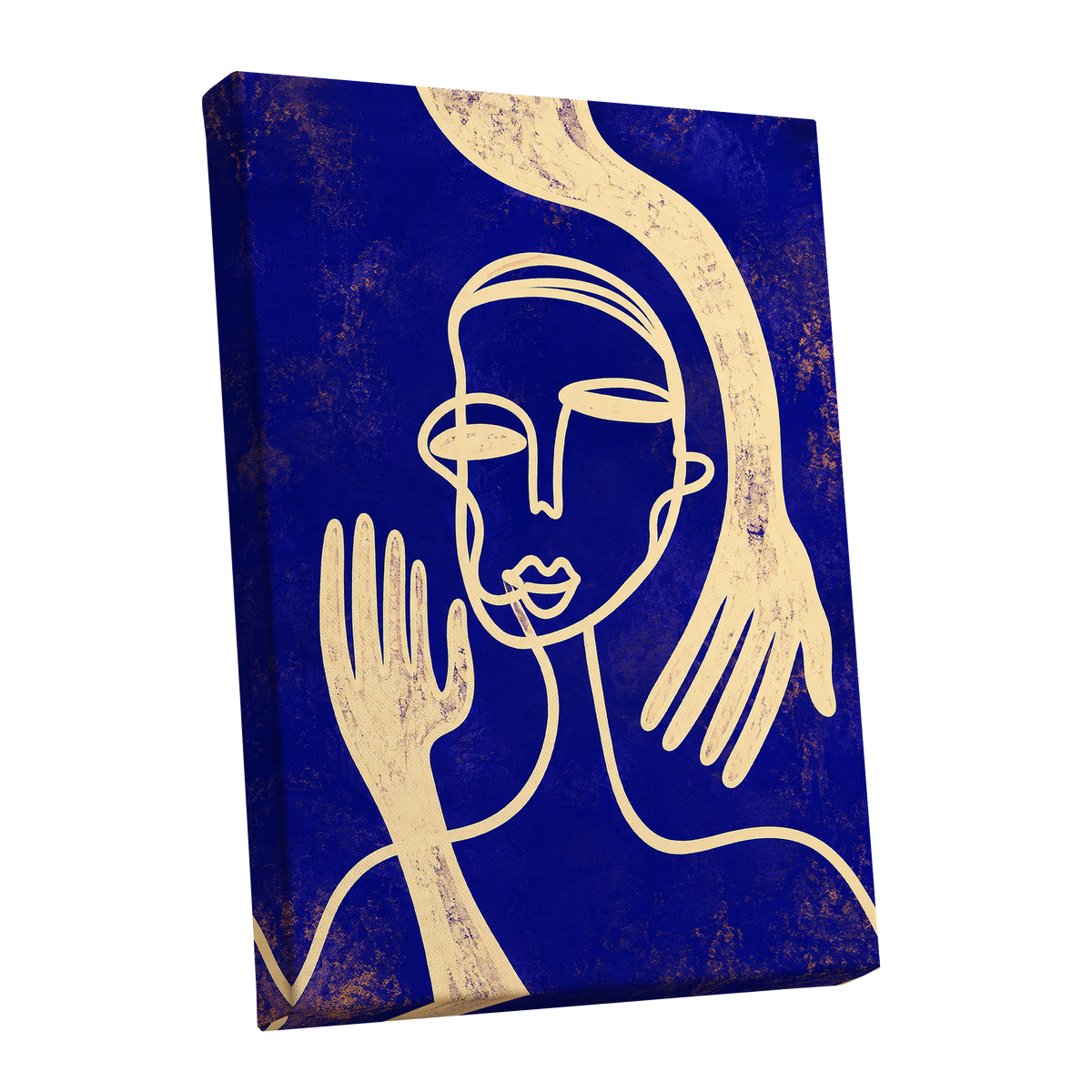 Gilded Gestures, blue, gold, beige abstract wall art shown as a stretched canvas wall art