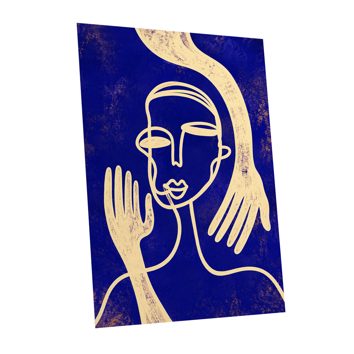 Gilded Gestures, blue, gold, beige abstract wall art shown as a unframed poster wall art print