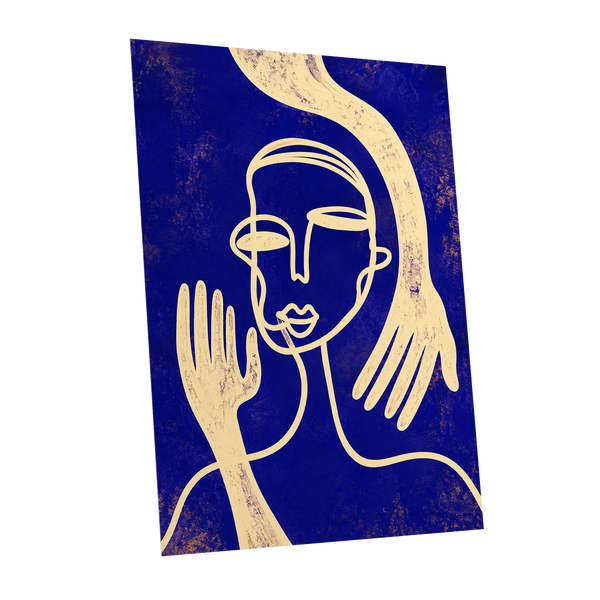 Gilded Gestures, blue, gold, beige abstract wall art shown as a unframed poster wall art print