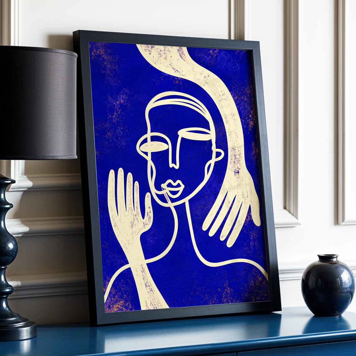 Gilded Gestures, blue, gold, beige abstract wall art displayed in a styled interior, gallery view 2