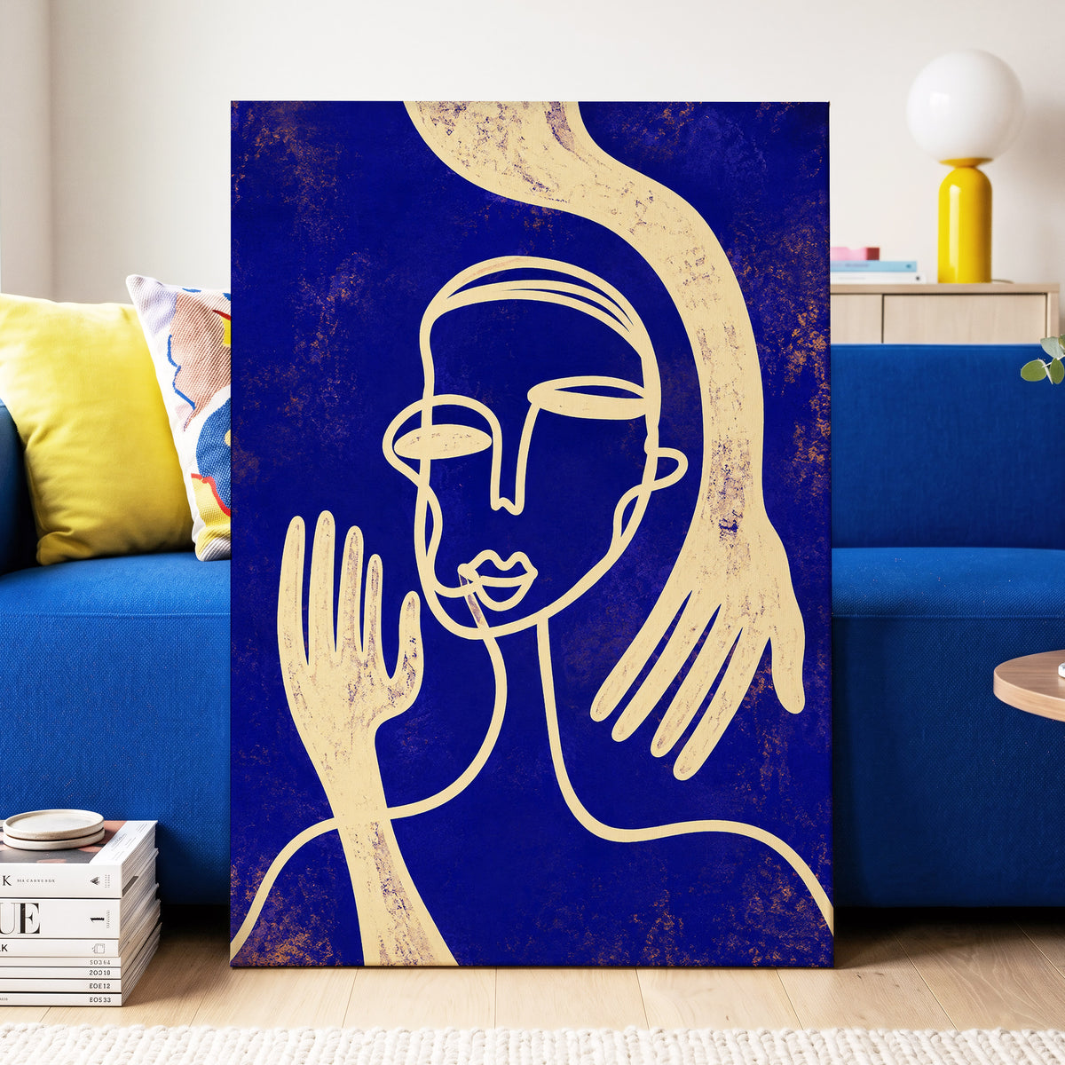 Gilded Gestures, blue, gold, beige abstract wall art displayed in a styled interior, gallery view 3