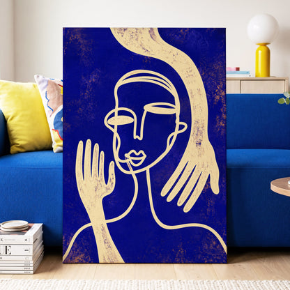 Gilded Gestures, blue, gold, beige abstract wall art displayed in a styled interior, gallery view 3