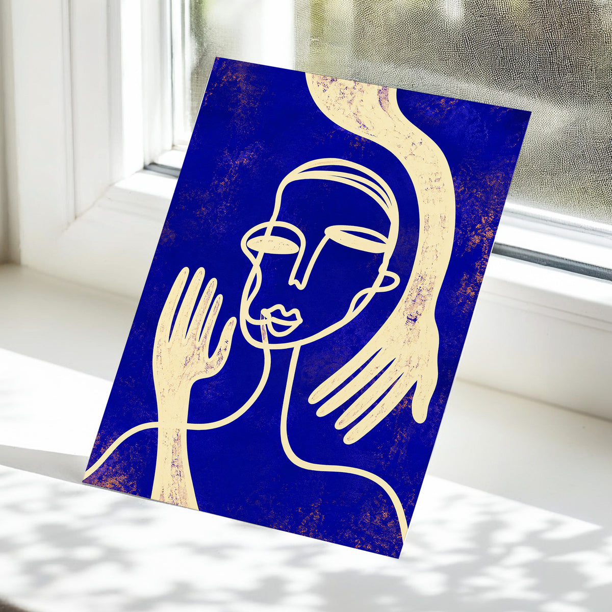 Gilded Gestures, blue, gold, beige abstract wall art displayed in a styled interior, gallery view 5