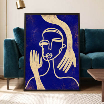 Gilded Gestures, blue, gold, beige abstract wall art displayed in a styled interior, gallery view 6