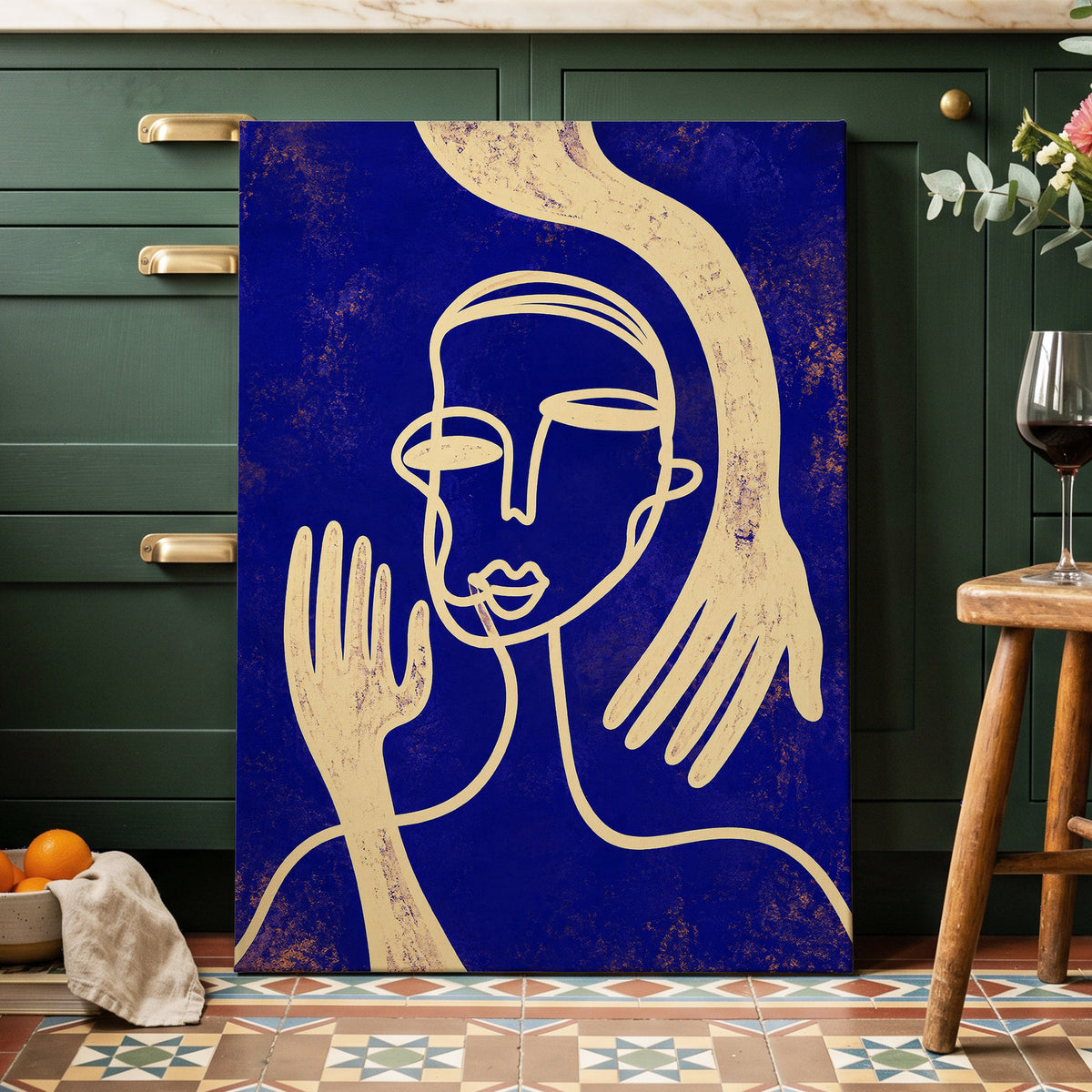 Gilded Gestures, blue, gold, beige abstract wall art displayed in a styled interior, gallery view 7