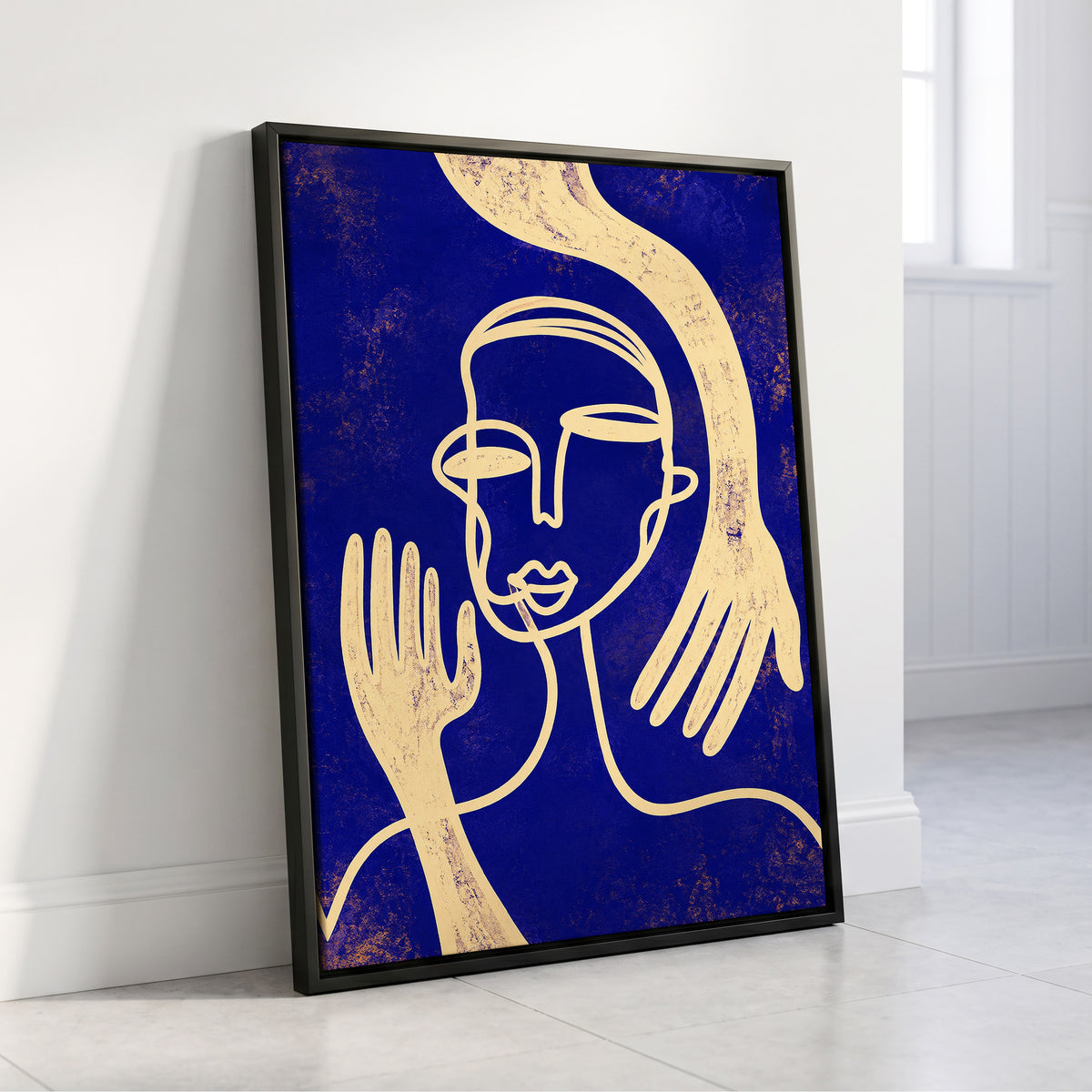 Gilded Gestures, blue, gold, beige abstract wall art displayed in a styled interior, gallery view 8