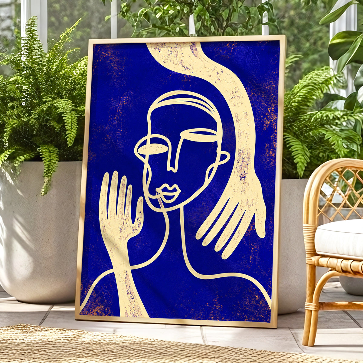 Gilded Gestures, blue, gold, beige abstract wall art displayed in a styled interior, gallery view 9