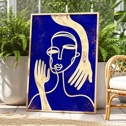 Gilded Gestures, blue, gold, beige abstract wall art displayed in a styled interior, gallery view 9