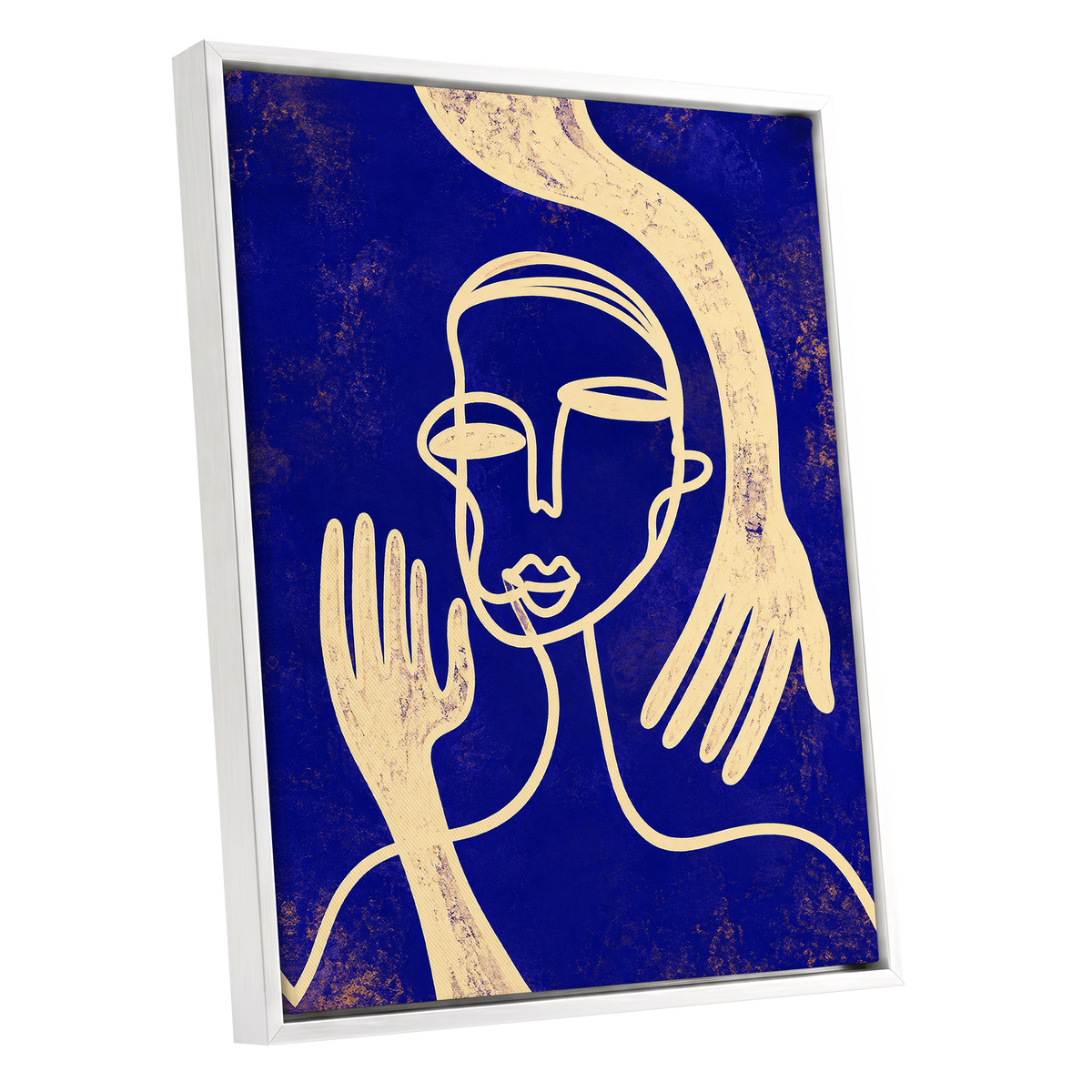 Gilded Gestures, blue, gold, beige abstract wall art shown as a white framed canvas wall art