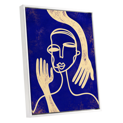 Gilded Gestures, blue, gold, beige abstract wall art shown as a white framed canvas wall art