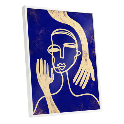 Gilded Gestures, blue, gold, beige abstract wall art shown as a white framed poster wall art print