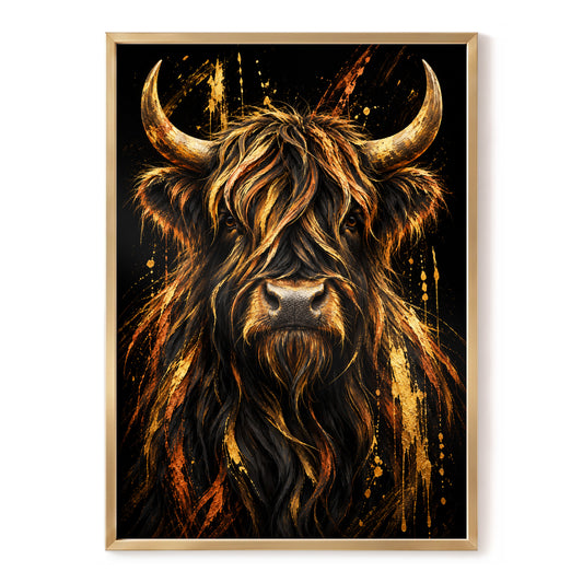 Gilded Highland, black, gold, orange nature wall art, front artwork view