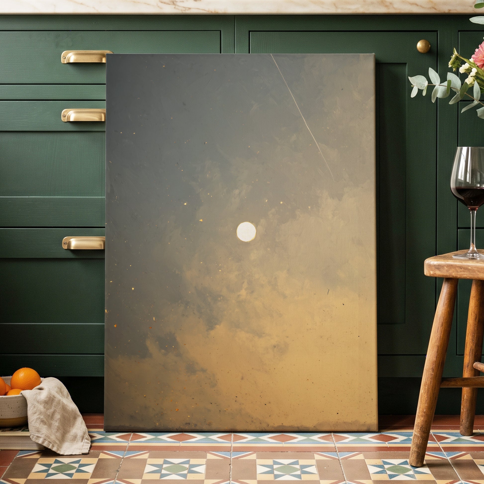Gilded Hush, gray, gold, beige nature wall art displayed in a styled interior, gallery view 3