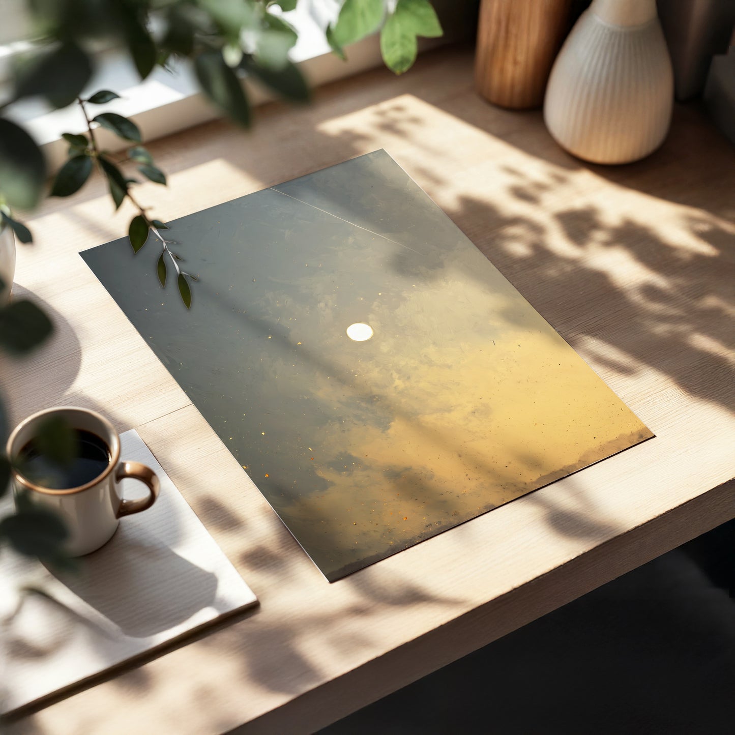 Gilded Hush, gray, gold, beige nature wall art displayed in a styled interior, gallery view 5