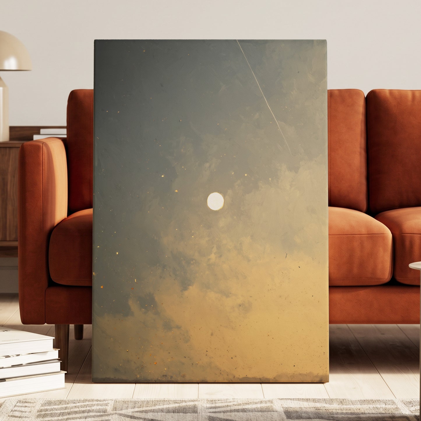 Gilded Hush, gray, gold, beige nature wall art displayed in a styled interior, gallery view 7