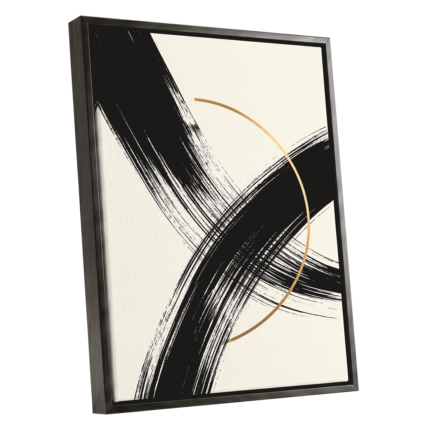 Gilded Intersection, black, beige, gold abstract wall art shown as a black framed canvas wall art