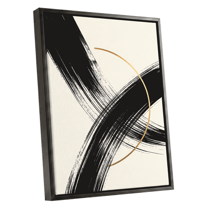 Gilded Intersection, black, beige, gold abstract wall art shown as a black framed canvas wall art