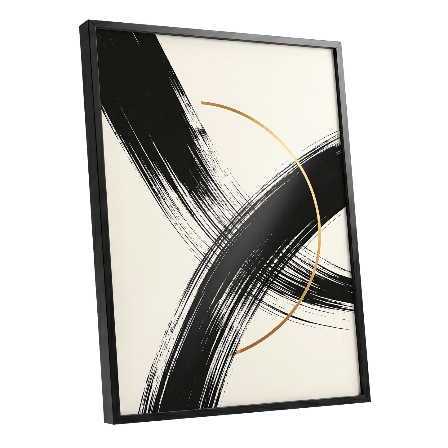 Gilded Intersection, black, beige, gold abstract wall art shown as a black framed poster wall art print