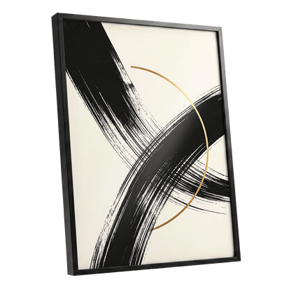 Gilded Intersection, black, beige, gold abstract wall art shown as a black framed poster wall art print