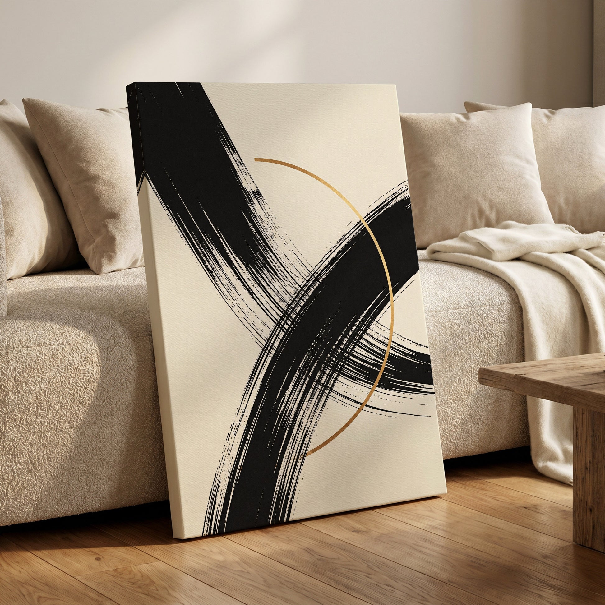 Gilded Intersection, black, beige, gold abstract wall art on canvas displayed in a styled interior, gallery view 1