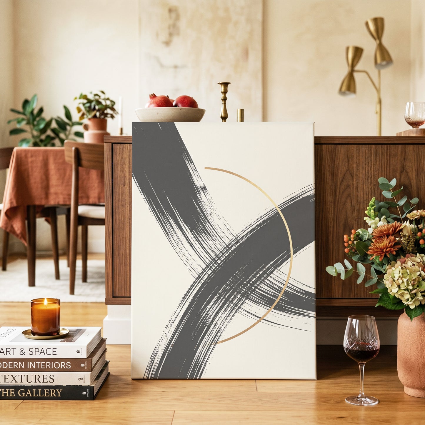 Gilded Intersection, black, beige, gold abstract wall art on canvas displayed in a styled interior, gallery view 2