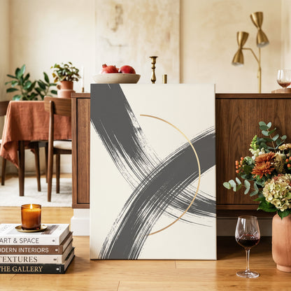 Gilded Intersection, black, beige, gold abstract wall art on canvas displayed in a styled interior, gallery view 2