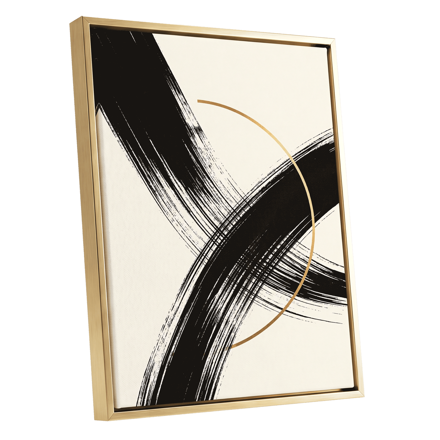 Gilded Intersection, black, beige, gold abstract wall art shown as a gold framed canvas wall art