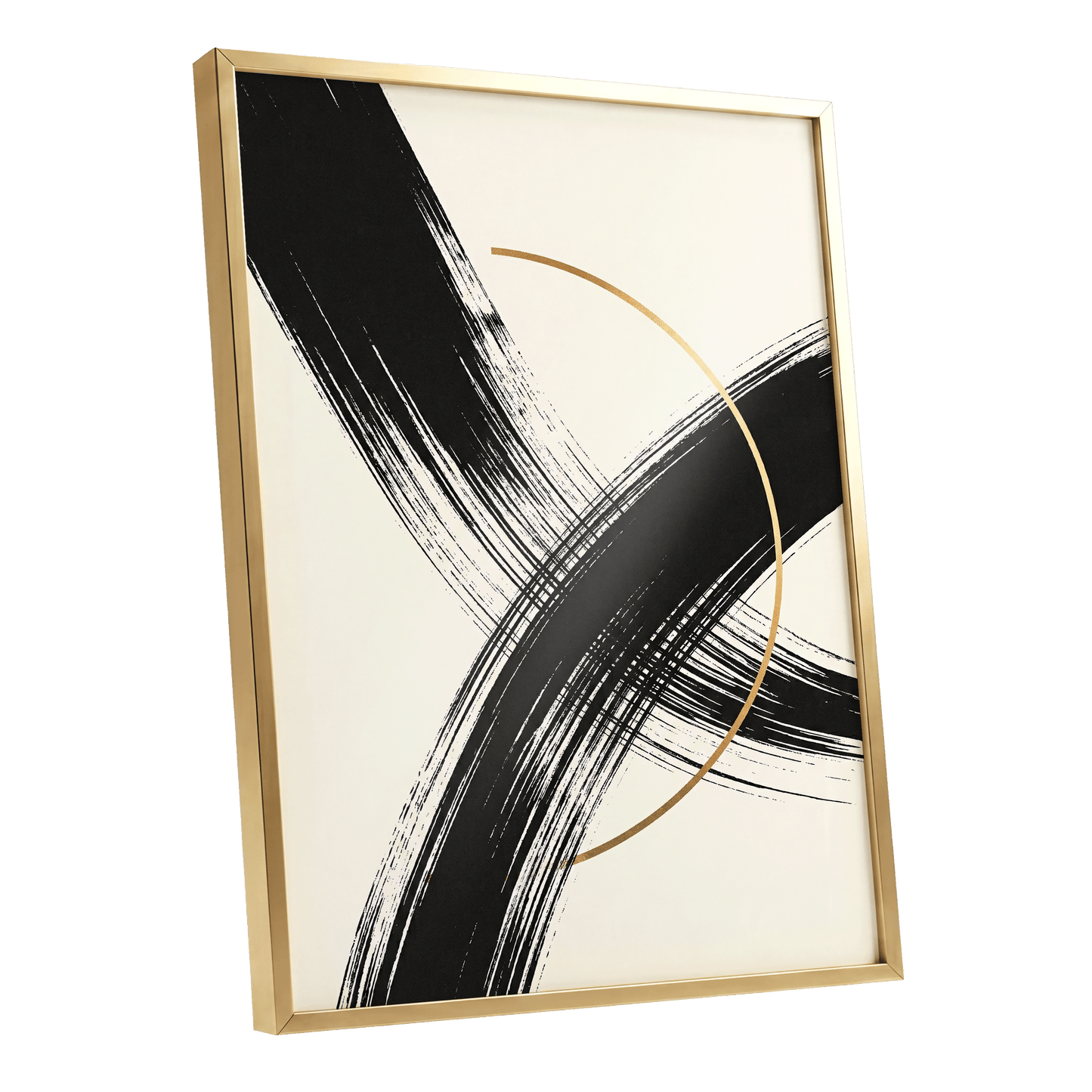 Gilded Intersection, black, beige, gold abstract wall art shown as a gold framed poster wall art print