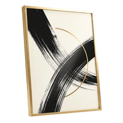 Gilded Intersection, black, beige, gold abstract wall art shown as a gold framed poster wall art print