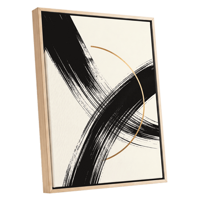 Gilded Intersection, black, beige, gold abstract wall art shown as a oak framed canvas wall art