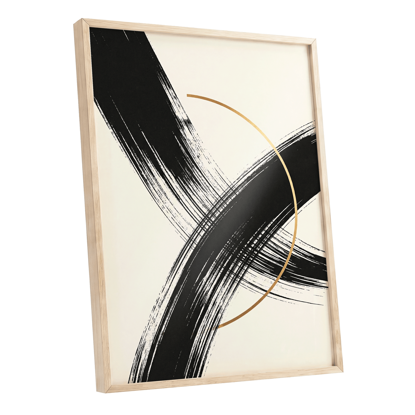 Gilded Intersection, black, beige, gold abstract wall art shown as a oak framed poster wall art print