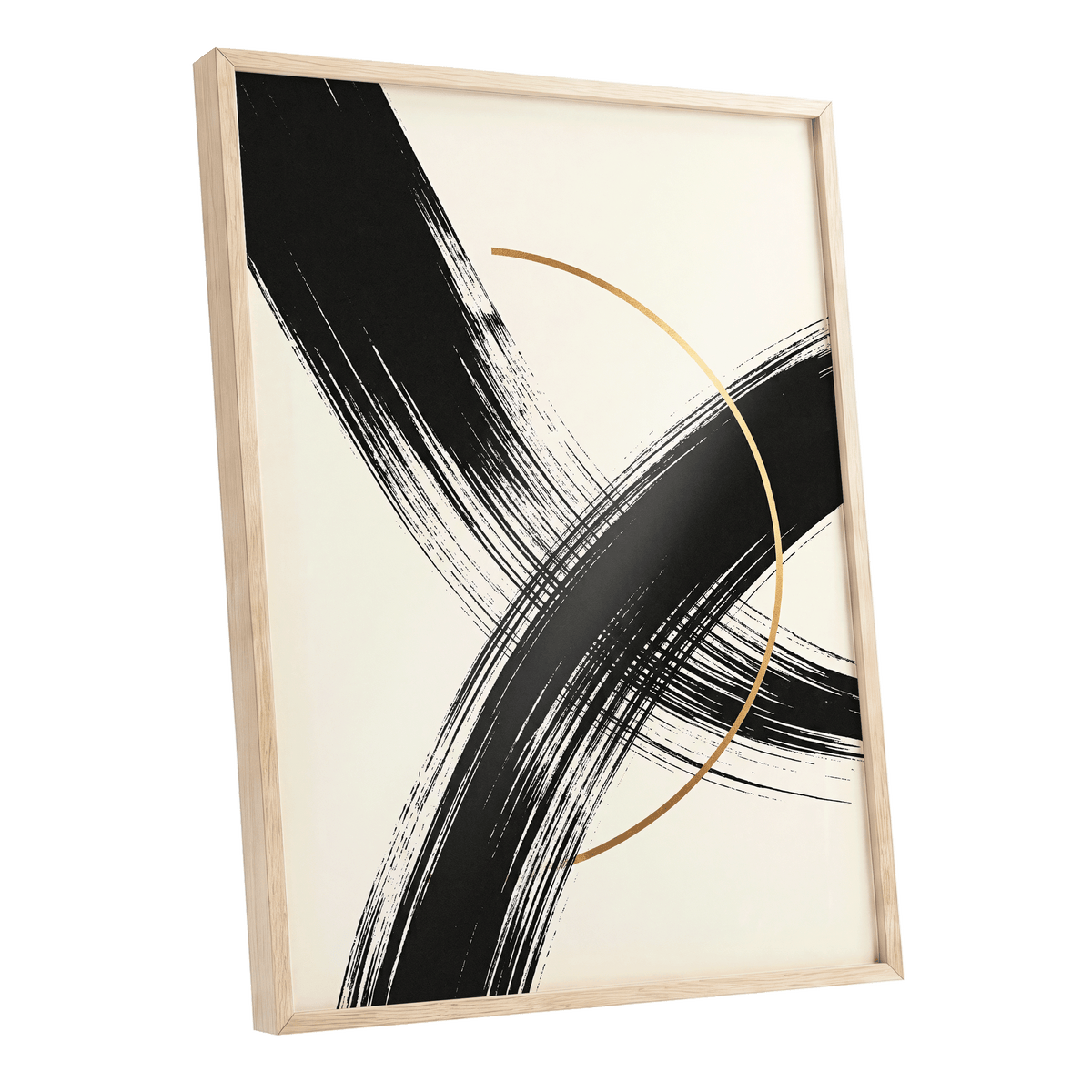Gilded Intersection, black, beige, gold abstract wall art shown as a oak framed poster wall art print