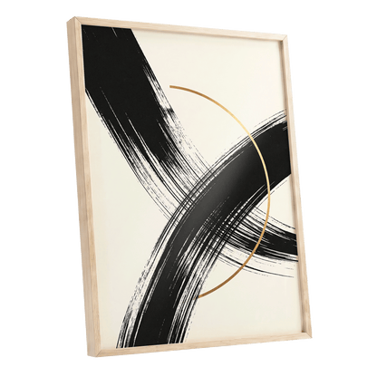 Gilded Intersection, black, beige, gold abstract wall art shown as a oak framed poster wall art print