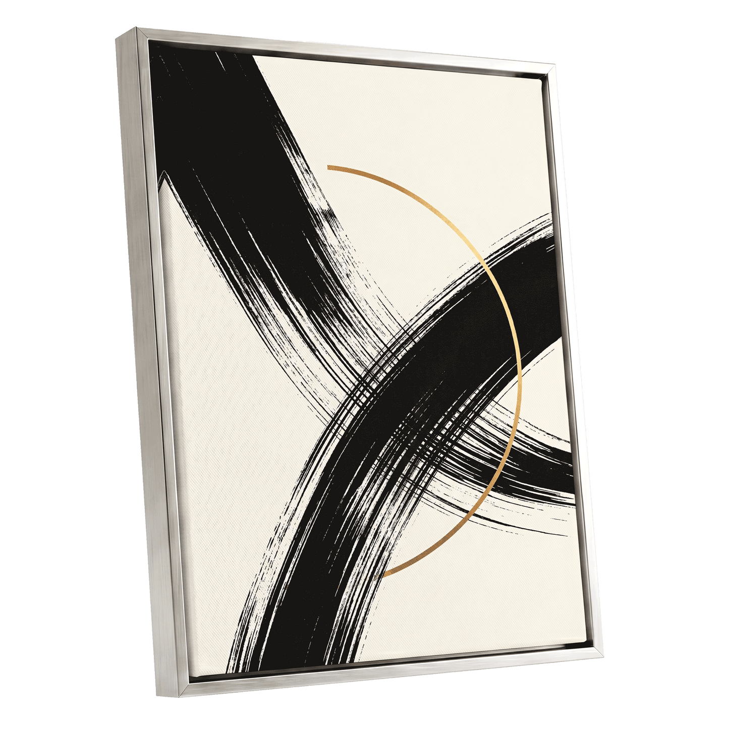 Gilded Intersection, black, beige, gold abstract wall art shown as a silver framed canvas wall art